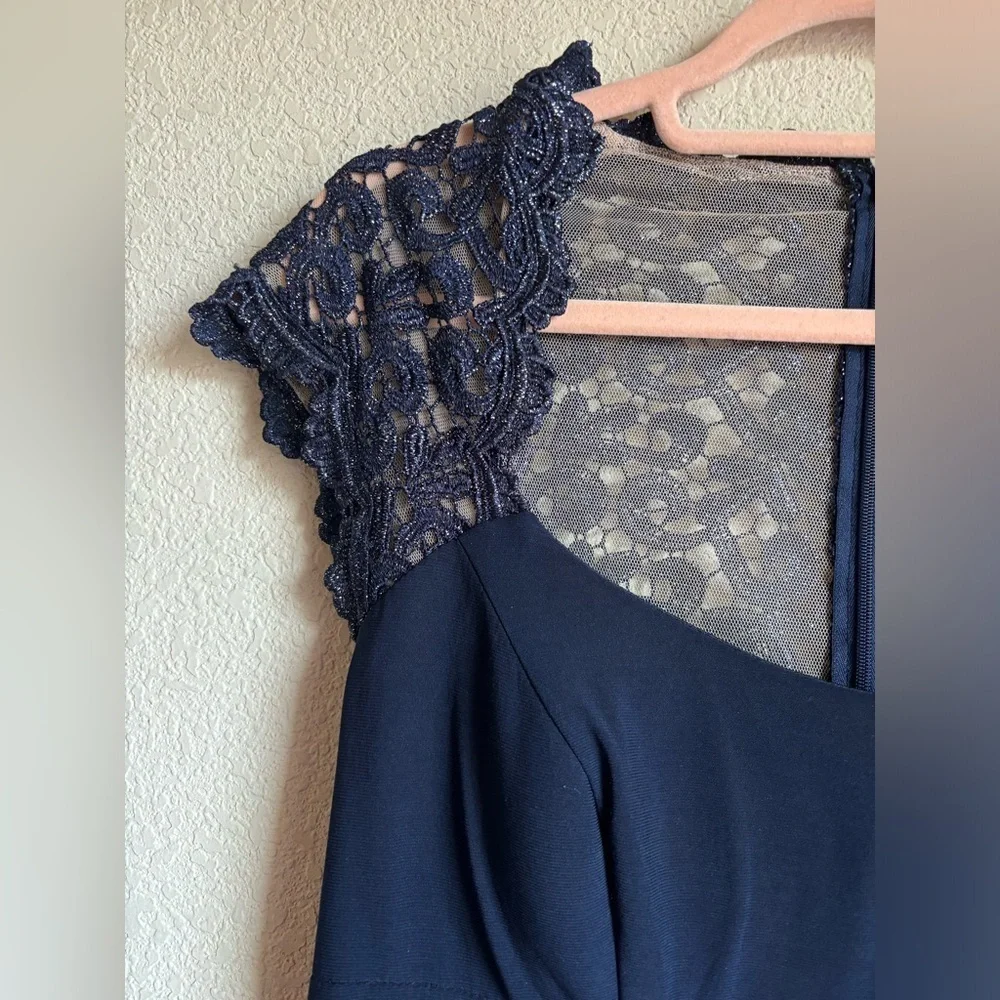 Xscape Navy Blue Lace Cap Sleeve Bodycon Jersey Special Occasion Sheath Dress 10 - Picture 6 of 12